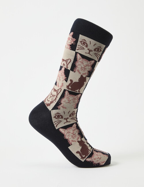Mazzoni Cat Check Cotton-Blend Crew Sock, Black & Beige product photo