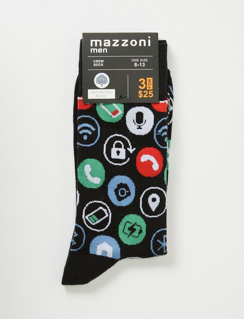 Mazzoni Phone Icons Cotton-Blend Crew Sock, Black product photo View 02 L