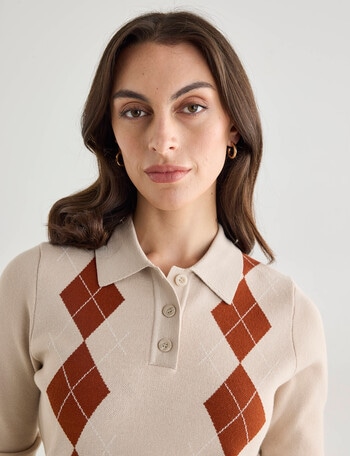 Oliver Black Knit Argyle Polo Shirt, Taupe product photo