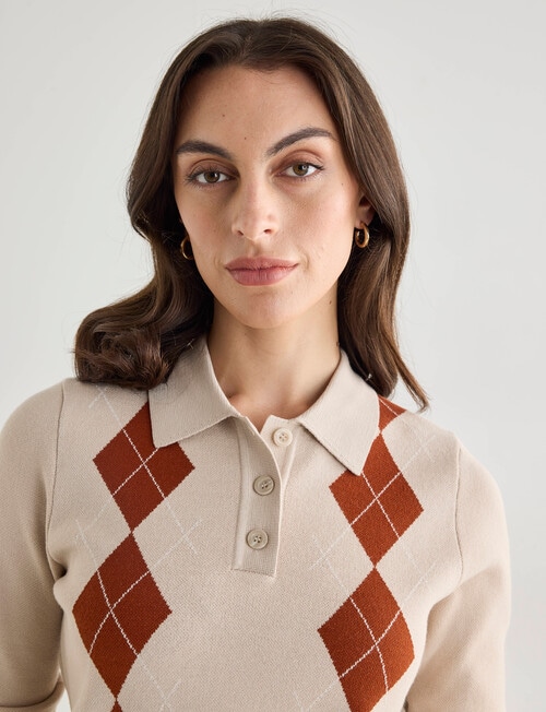 Oliver Black Knit Argyle Polo Shirt, Taupe product photo
