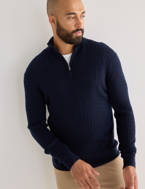Gasoline Quarter Zip Cable Knitwear, Navy product photo