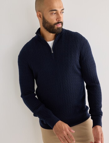 Gasoline Quarter Zip Cable Knitwear, Navy product photo