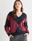 Whistle V-Neck Argyle Jumper, Cherry & Blue Night product photo