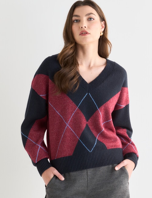 Whistle V-Neck Argyle Jumper, Cherry & Blue Night product photo