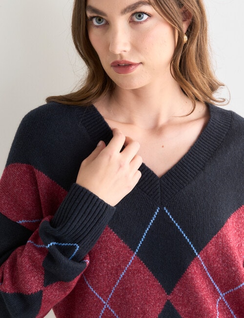 Whistle V-Neck Argyle Jumper, Cherry & Blue Night product photo View 04 L