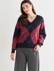Whistle V-Neck Argyle Jumper, Cherry & Blue Night product photo View 05 S