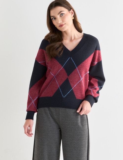 Whistle V-Neck Argyle Jumper, Cherry & Blue Night product photo View 05 L