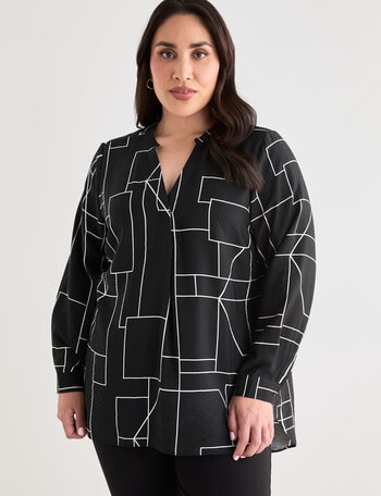 Studio Curve Collection Line Print Notch Neck Shirt, Black & White product photo