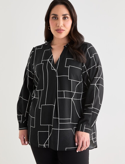 Studio Curve Collection Line Print Notch Neck Shirt, Black & White product photo