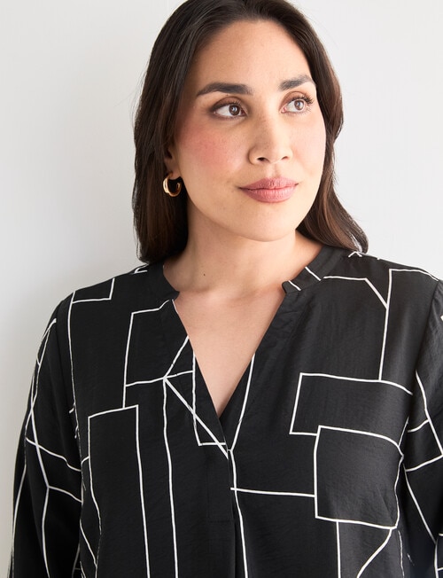 Studio Curve Collection Line Print Notch Neck Shirt, Black & White product photo View 04 L