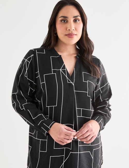 Studio Curve Collection Line Print Notch Neck Shirt, Black & White product photo View 07 L