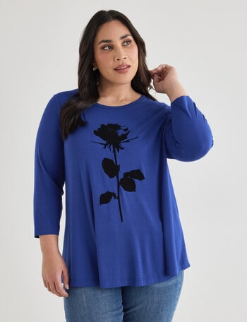 Studio Curve Quarter Sleeve Print Tee, Sapphire Rose Print product photo