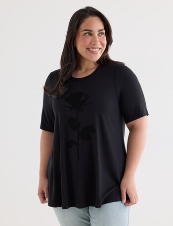 Studio Curve Printed Viscose Tee, Black & Flocked Rose product photo
