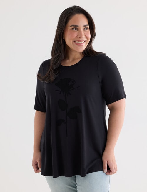 Studio Curve Printed Viscose Tee, Black & Flocked Rose product photo