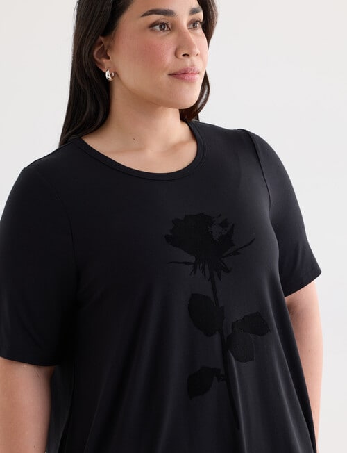 Studio Curve Printed Viscose Tee, Black & Flocked Rose product photo View 04 L