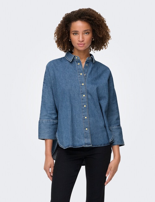 ONLY Grace-Elli 3/4 Sleeve Denim Shirt, Medium Blue Denim product photo