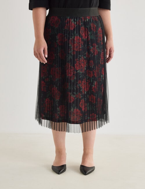 Studio Curve Pleated Mesh Skirt, Black & Print product photo