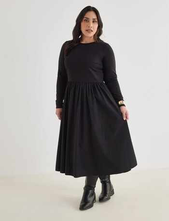 Studio Curve Tea Dress with Gathered Skirt, Black product photo