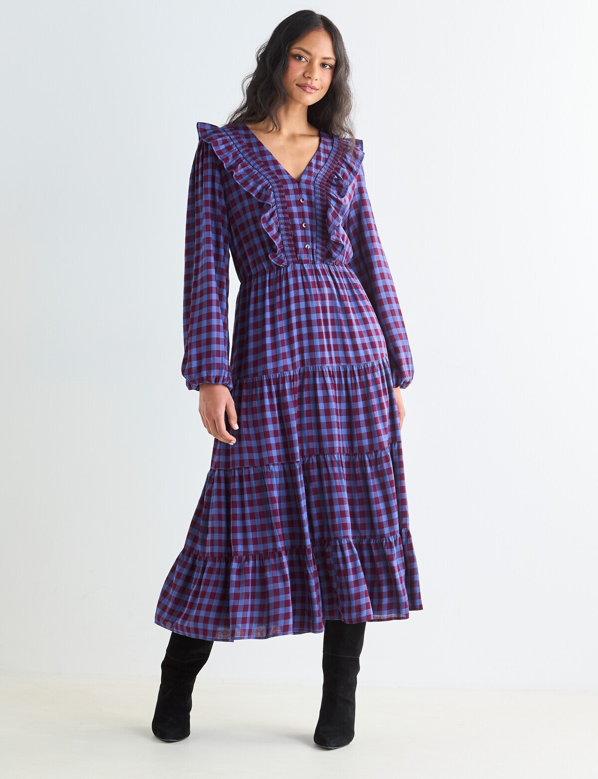 Whistle Ruffle Check Midi Dress, Blue & Cherry - Dresses