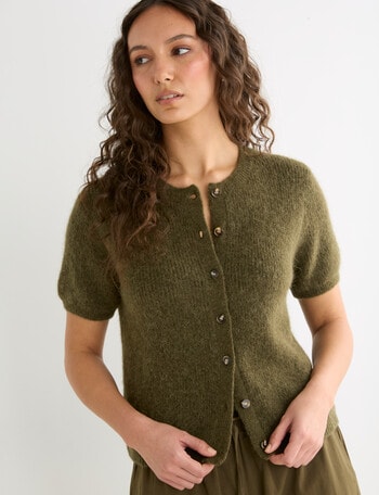 Mineral Theo Alpaca Short Sleeve Cardigan, Pine Green product photo