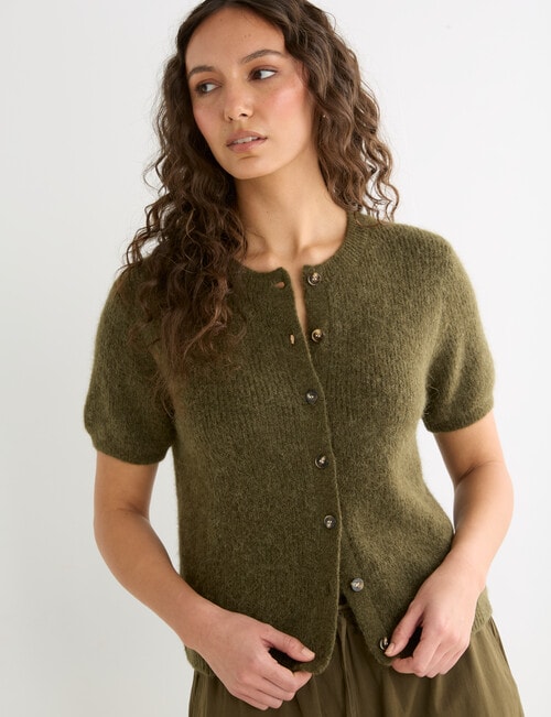 Mineral Theo Alpaca Short Sleeve Cardigan, Pine Green product photo