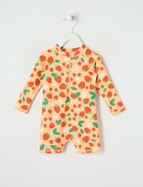 Teeny Weeny Strawberry Long Sleeve Rash Suit, Peach Jelly product photo
