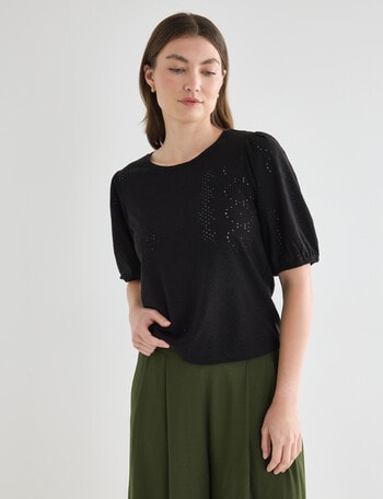 Whistle Broderie Knit Tee, Black product photo