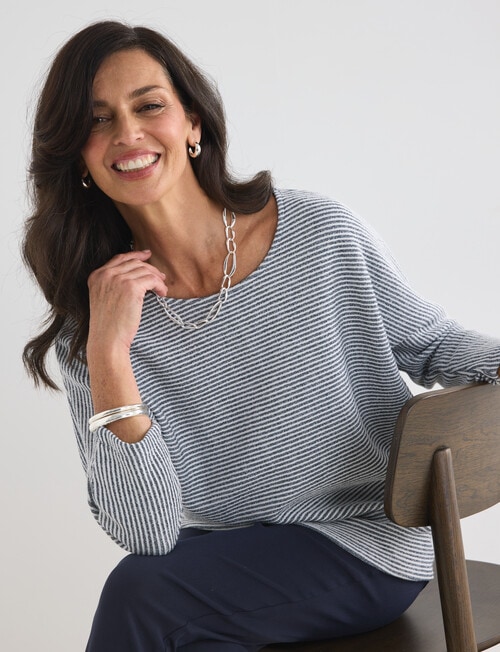 Ella J Batwing Stripe Top, Navy & White product photo