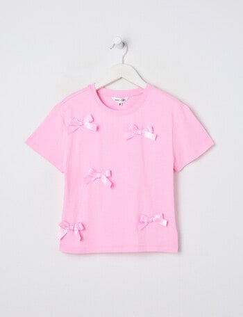 Mac & Ellie Ribbon Bows Short Sleeve Boxy Tee, Pink Sugar product photo