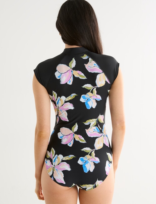 Zest Resort Short Sleeve Bold Floral Surfsuit, Black product photo View 02 L