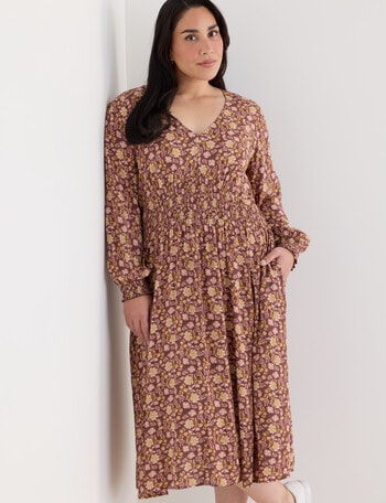 Studio Curve Shirred Empire Panel Dress, Chocolate Paisley product photo