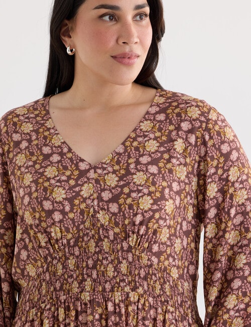 Studio Curve Shirred Empire Panel Dress, Chocolate Paisley product photo View 04 L
