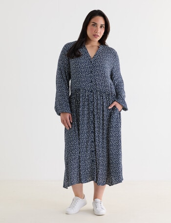 Studio Curve Button Front Gathered Midi Dress, Navy Pebble product photo