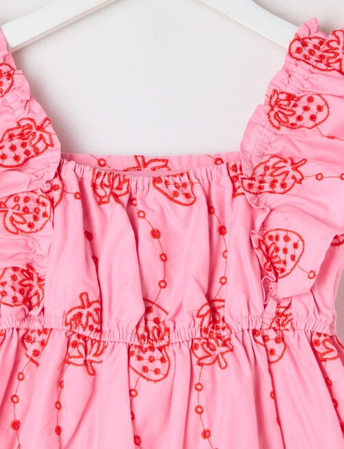 Mac & Ellie Strawberries Frill Sleeve Broderie Dress, Pink product photo View 03 L