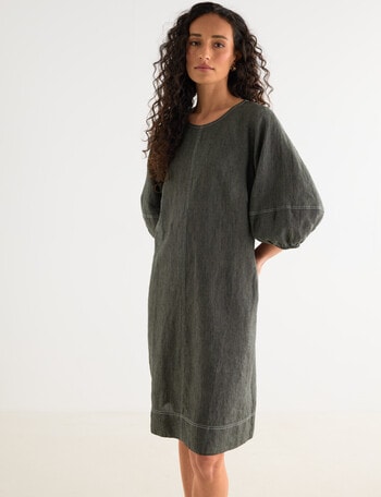 Zest Linen 3/4 Sleeve Dress, Forest Night product photo