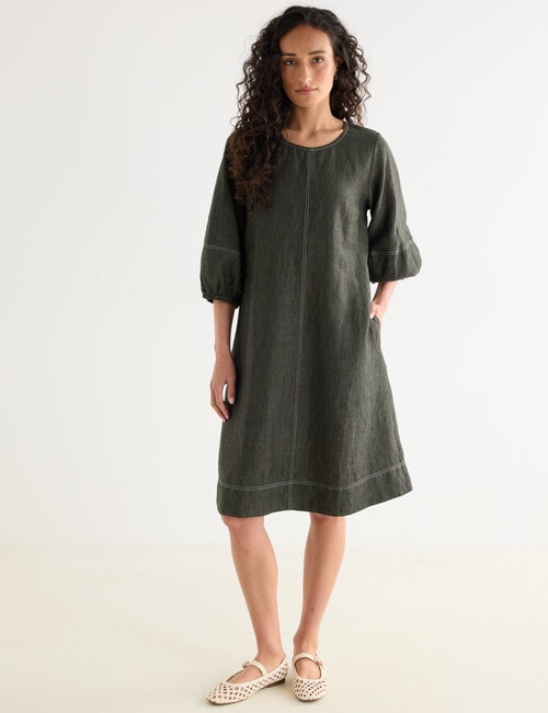 Zest Linen 3/4 Sleeve Dress, Forest Night product photo View 03 L