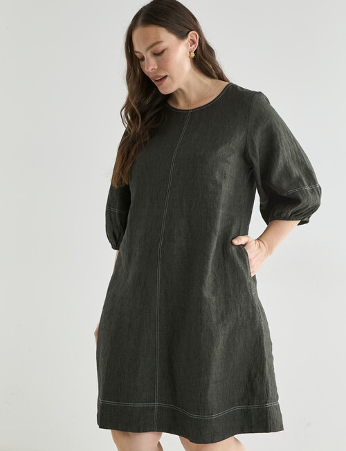 Zest Linen 3/4 Sleeve Dress, Forest Night product photo View 12 L