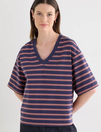 Jigsaw Amplify V-Neck Short Sleeve Tee, Biro Mocha Stripe product photo