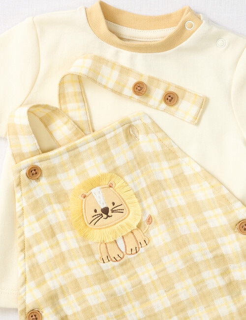 Little Bundle Lions Roar Check Shortall, Tee, & Bucket Hat Set, 3-Piece, Yellow product photo View 02 L