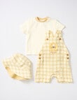 Little Bundle Lions Roar Check Shortall, Tee, & Bucket Hat Set, 3-Piece, Yellow product photo View 03 S
