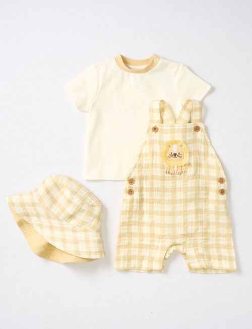 Little Bundle Lions Roar Check Shortall, Tee, & Bucket Hat Set, 3-Piece, Yellow product photo View 03 L