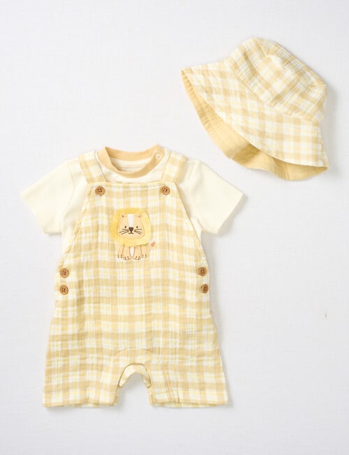 Little Bundle Lions Roar Check Shortall, Tee, & Bucket Hat Set, 3-Piece, Yellow product photo View 05 L