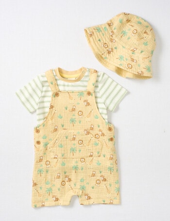 Little Bundle Lions Roar Shortall, Tee, & Bucket Hat Set, 3-Piece, Yellow & Green product photo