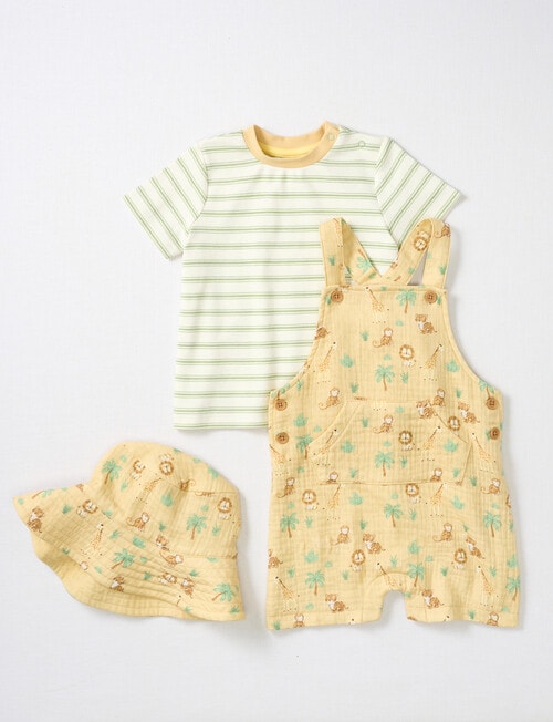 Little Bundle Lions Roar Shortall, Tee, & Bucket Hat Set, 3-Piece, Yellow & Green product photo View 03 L