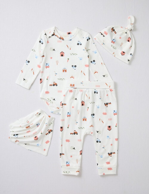 Little Bundle Farm Yard Bodysuit Set, 4-Piece, White product photo