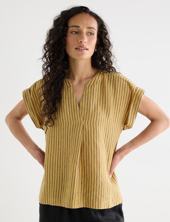 Zest Essential Linen V Neck Top, Ochre Stripe product photo
