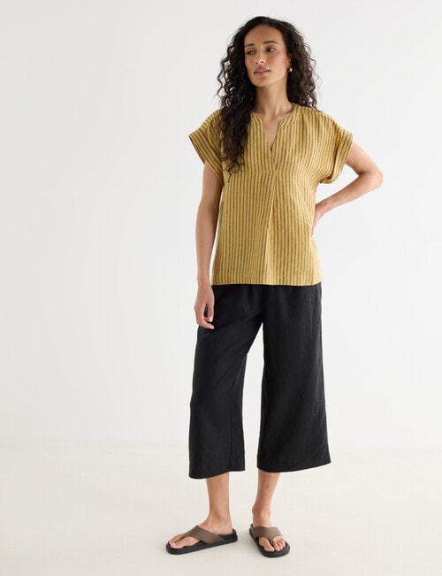 Zest Essential Linen V Neck Top, Ochre Stripe product photo View 03 L