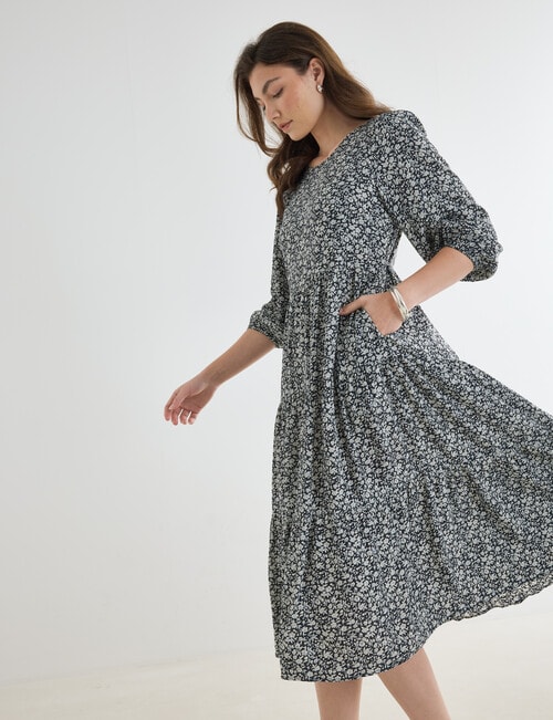 Whistle Floral Three-Quarter Sleeve Tiered Dress, Navy product photo