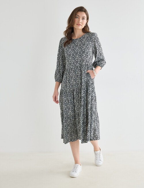 Whistle Floral Three-Quarter Sleeve Tiered Dress, Navy product photo View 03 L