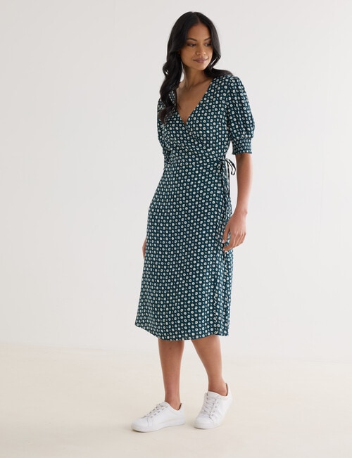 Whistle Short Sleeve Wrap Dress, Teal Floral product photo